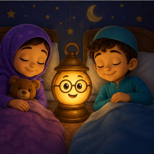 Amina, Noor and Adam peacefully asleep under a starry quilt