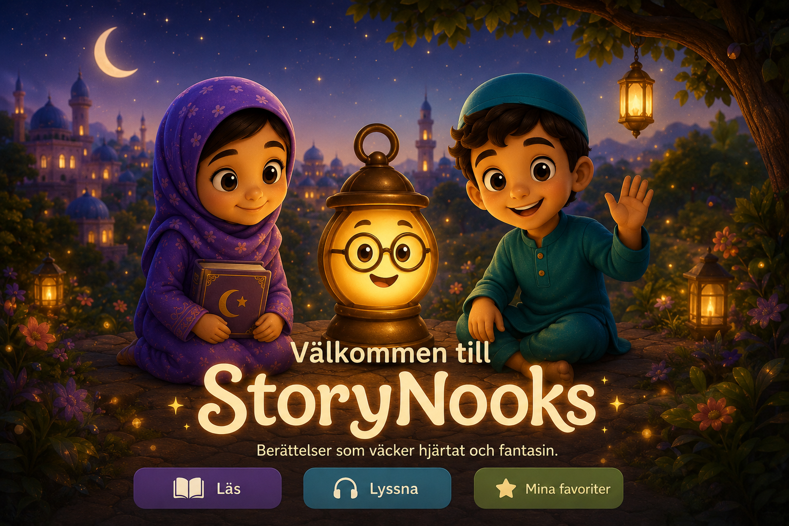 Välkommen till StoryNooks — Amina, Noor lyktan och Adam under en månbelyst himmel